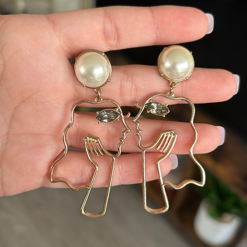 Face Outline Design Gold Tone Earrings - Picture 3 of 3